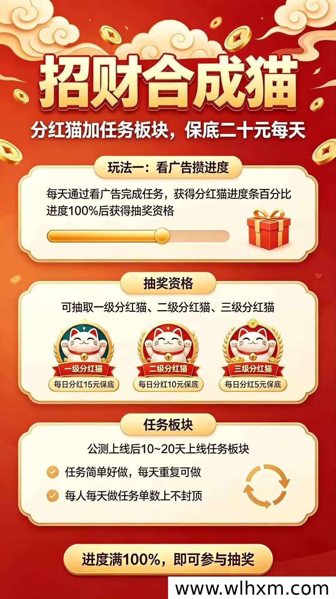 招财合成猫零撸模式解析:广告与任务双板块玩法说明